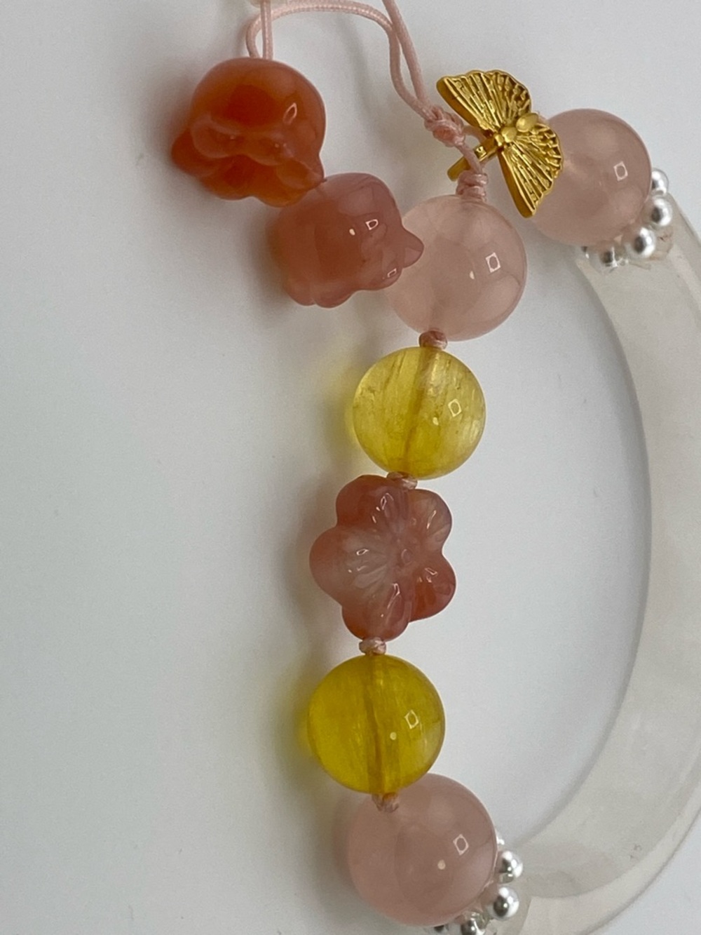 Pink and Yellow Beaded Flower Charm Bracelet with Gold Butterfly Accent - Picture 6 of 12